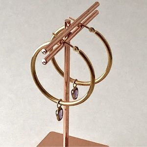 18K Solid Gold Hoop Earrings With Amethyst Charms